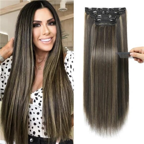 20" Straight Long 4 PCS Set Thick Clip in on Hair Extensions Dark Brown